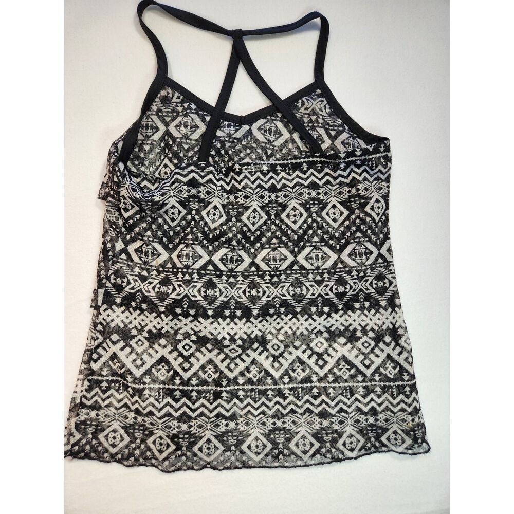 Womens Tank Top Size S Black Sheer Layered Tribal Boho Geometric Festival - Picture 3 of 9